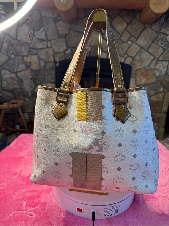 MCM Handbags - Luxury MCM Cream Visetos Tote J5638 Dark Mustard Trim, Silver Lion Banner